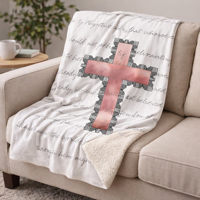 Elegant Christian Pink Cross Scripture Verse Sherpa Blanket (Creator Uploaded)