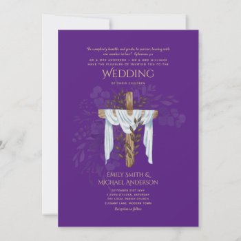 Elegant Christian Purple Gold Cross Wedding Invitation
