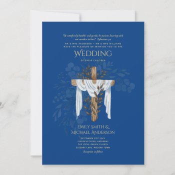 Elegant Christian Royal Blue Gold Cross Wedding Invitation