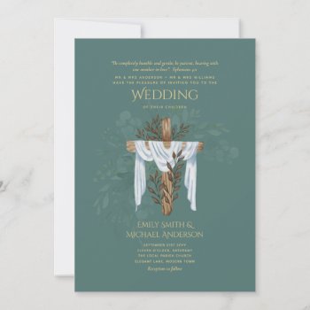 Elegant Christian Sage Sea Glass Cross Wedding Invitation