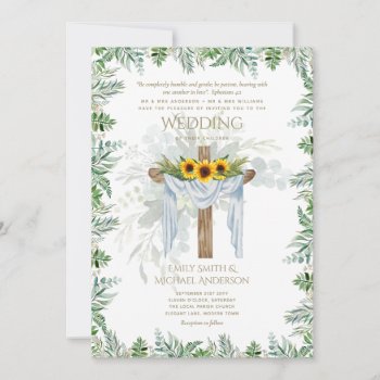 Elegant Christian Sunflowers Rustic Cross Wedding Invitation