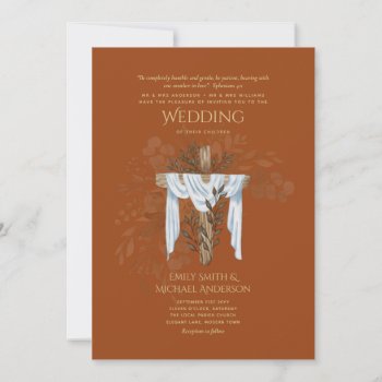 Elegant Christian Terracotta Fall Cross Wedding Invitation
