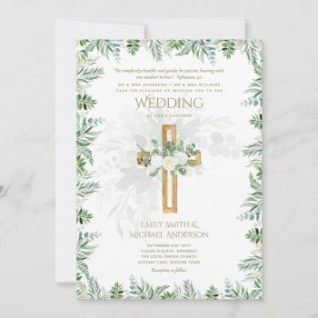 Elegant Christian White Roses Gold Cross Wedding I Invitation
