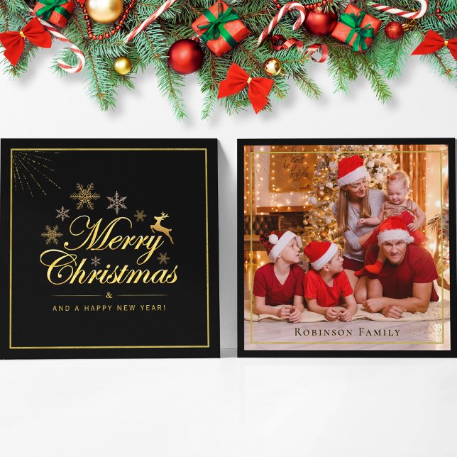 Elegant Christmas 1 Photo Black and Gold Script  Note Card (Creator Uploaded)