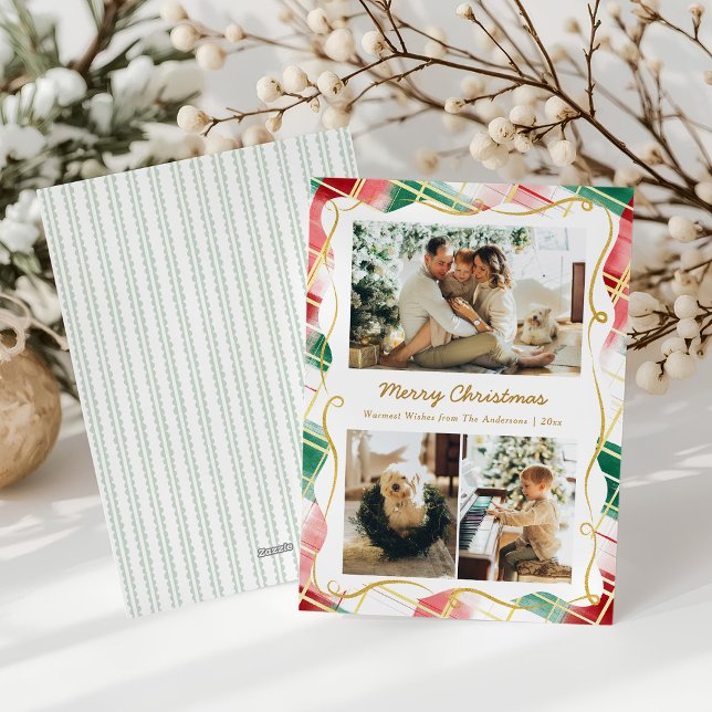 Elegant Christmas 3 Photo Red Green Plaid Pattern Holiday Card (Creator Uploaded)