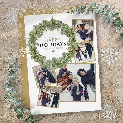 Elegant Christmas 5 Photo Collage Greenery Wreath Holiday Card