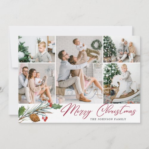 Elegant Christmas 5 Photo Collage Modern Greeting Holiday Card