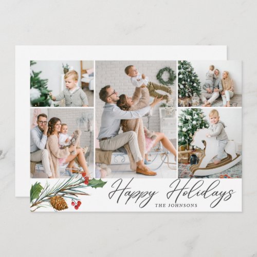 Elegant Christmas 5 Photo Collage Modern Greeting Holiday Card