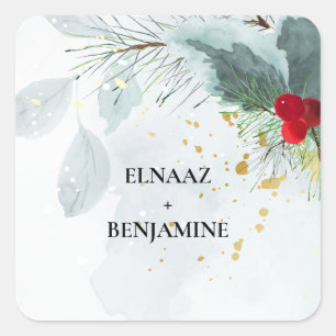 Elegant Christmas and Winter Watercolor Wedding Square Sticker
