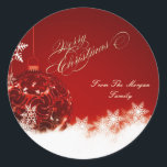 Elegant  Christmas Ball, Snowflakes Classic Round Sticker<br><div class="desc">Elegant christmas ball and snowflakes  on red background.</div>