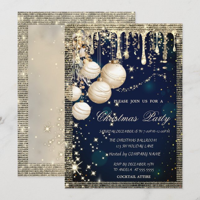 Elegant Christmas Balls Drips Gold Blue Christmas  Invitation (Front/Back)
