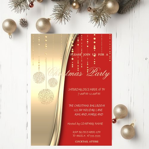 Elegant Christmas BallsRedGold Corporated Party Invitation