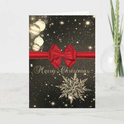 Elegant Christmas BallsSnowflakeRed BowSparkle Holiday Card