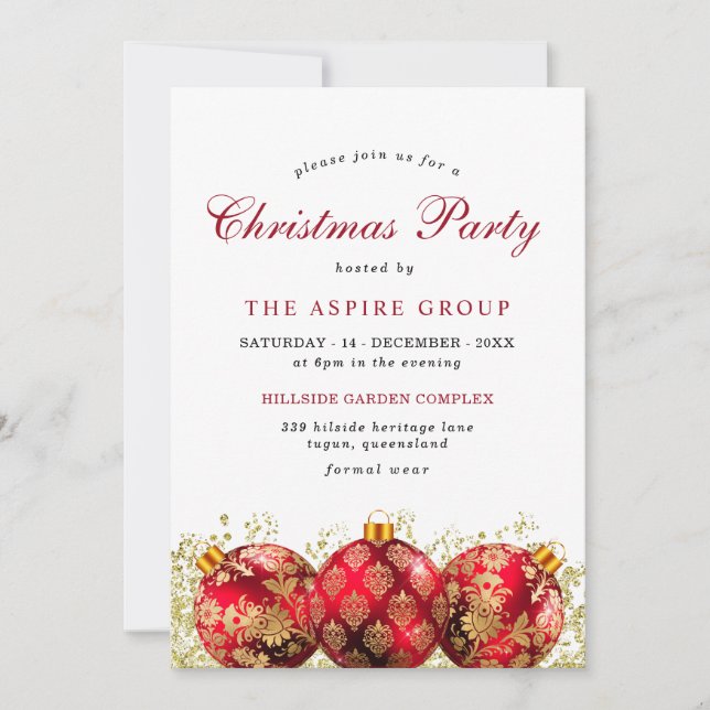 Elegant Christmas Baubles Corporate Party Invitation (Front)