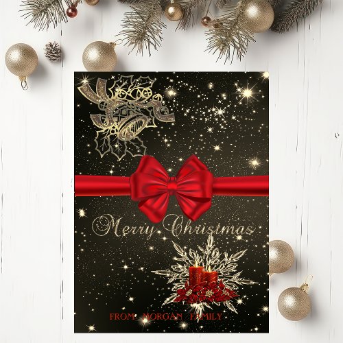 Elegant Christmas BellsCandlesRed Bow Holiday Card