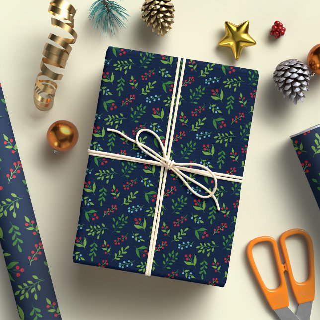 Elegant Christmas Berry and Leaf Pattern Navy Blue Wrapping Paper (Creator Uploaded)