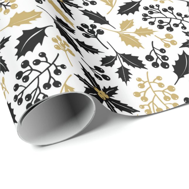 Elegant Christmas Black and Gold Holly Mistletoe Wrapping Paper (Roll Corner)