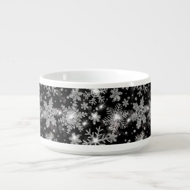 Elegant Christmas black white silver snowflakes Bowl (Center)
