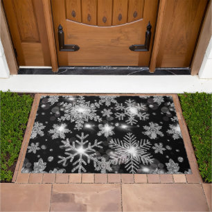 Elegant Christmas black white silver snowflakes Doormat