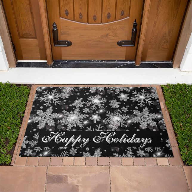 Elegant Christmas black white silver snowflakes Doormat (Outdoor)
