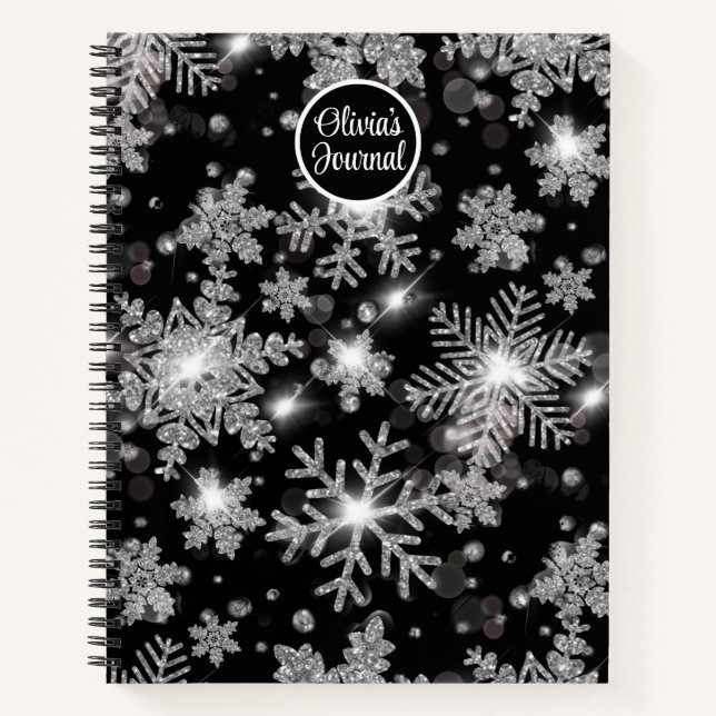 Elegant Christmas black white silver snowflakes Notebook (Front)