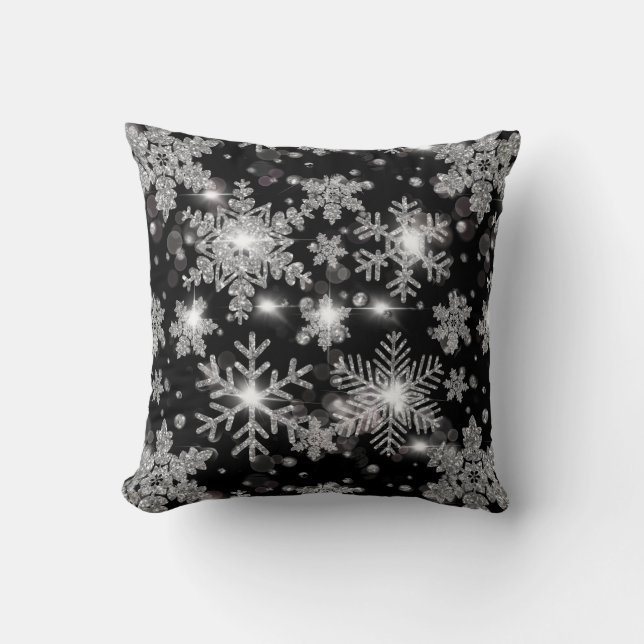 Elegant Christmas black white silver snowflakes Throw Pillow (Front)