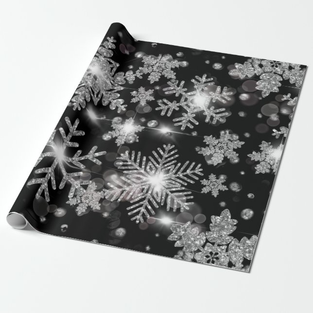 Elegant Christmas black white silver snowflakes Wrapping Paper (Unrolled)
