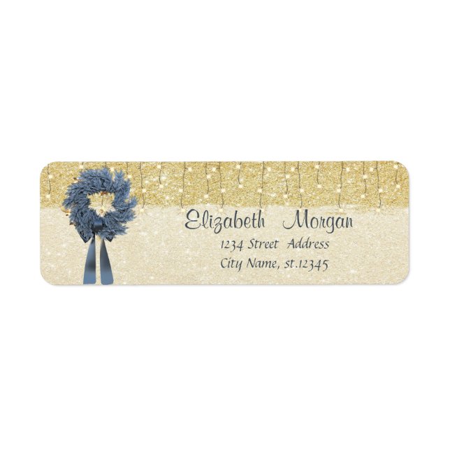 Elegant , Christmas Blue Wreath,Gold  Glittery Label (Front)
