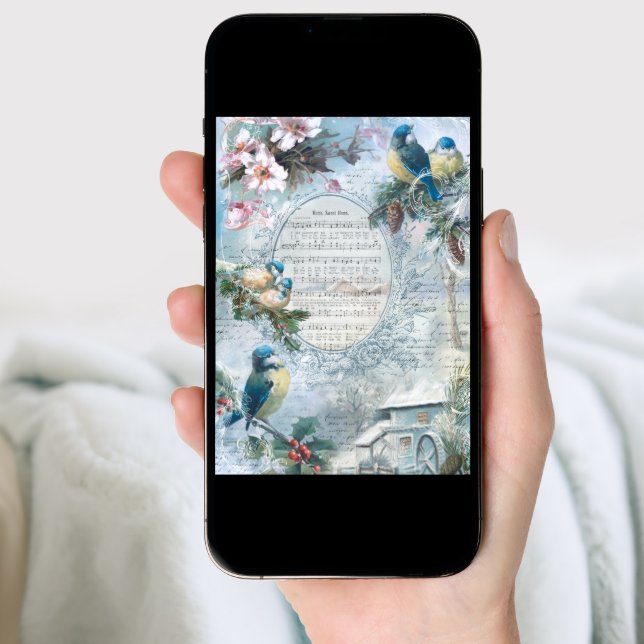 Elegant Christmas Bluebirds and Music Collage Holiday Card (Front Digital)