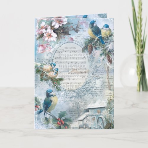 Elegant Christmas Bluebirds and Music Collage Holiday Card