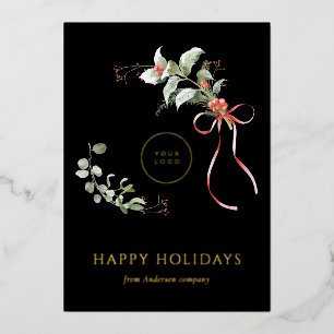 Elegant Christmas Botanical Black Business Foil Holiday Card