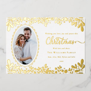 Elegant Christmas Botanical Frame Oval Photo  Foil Holiday Card