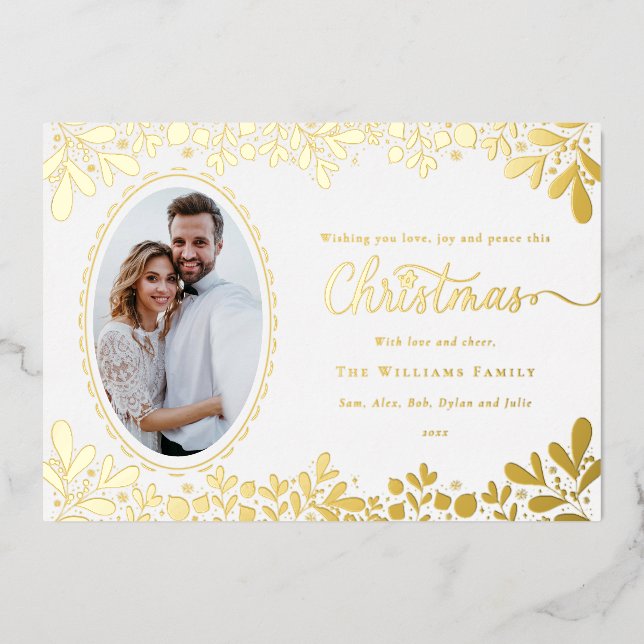 Elegant Christmas Botanical Frame Oval Photo  Foil Holiday Card (Front)
