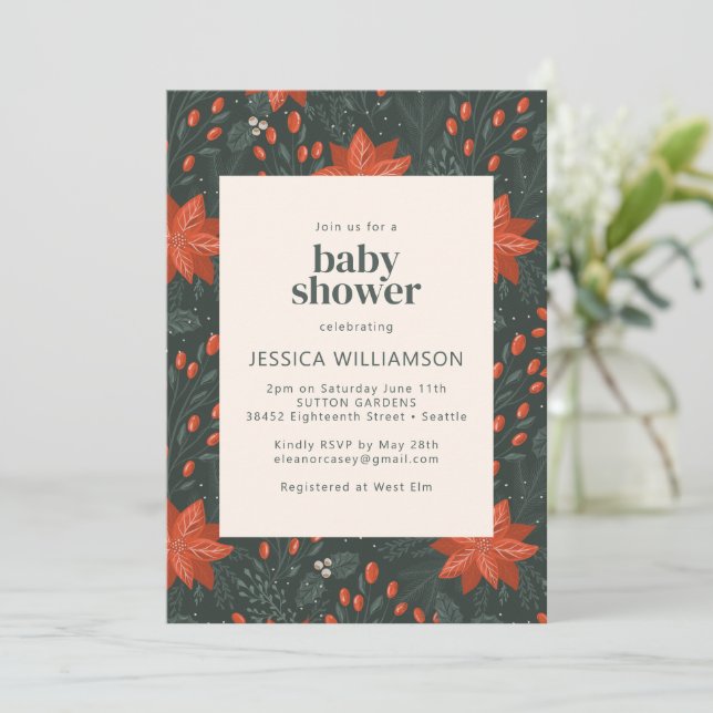 Elegant Christmas Botanical Green Baby Shower Invitation (Standing Front)