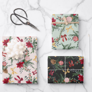 Elegant Christmas Botanical Greenery Pattern Wrapping Paper Sheets