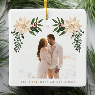 elegant christmas botanical  merry chrismtas photo ceramic ornament