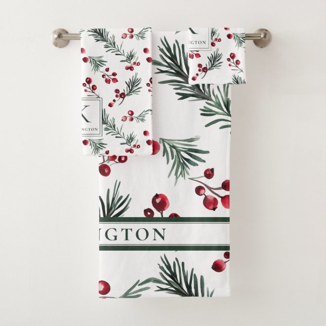 Elegant Christmas Botanical Monogram Bath Towel Set (Insitu)