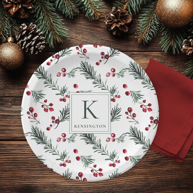 Elegant Christmas Botanical Monogram Paper Plates (Elegant Christmas Botanical Monogram Paper Plates)