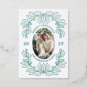 Elegant Christmas Botanical Oval Frame Holiday Letterpress Photo Cards