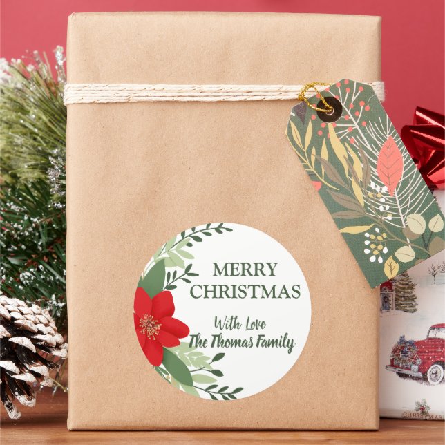Elegant Christmas Botanical Personalized Name Classic Round Sticker (Holiday)