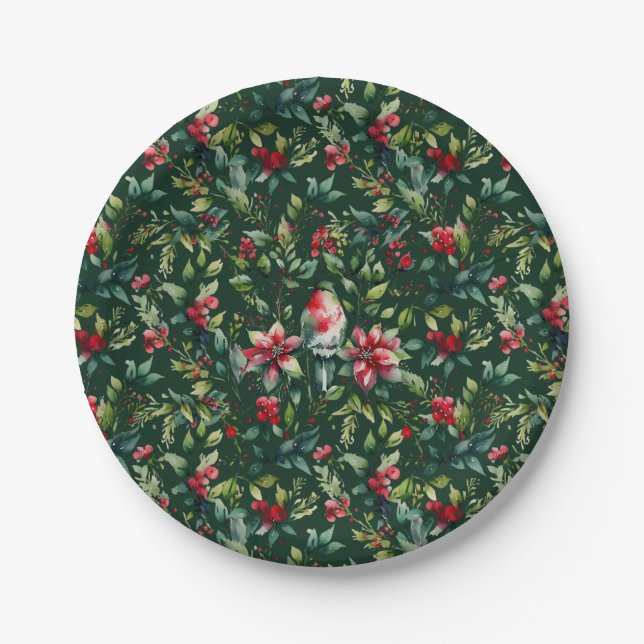 Elegant Christmas Botanical Winter Robin Holiday Paper Plates (Front)