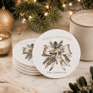 Elegant Christmas Bow Personalized Coasters