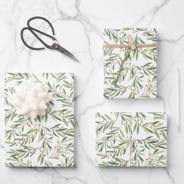 Elegant Christmas Branches and Berries Wrapping Paper Sheets (Front)