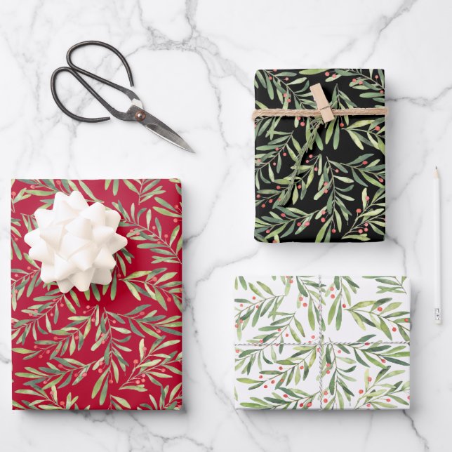 Elegant Christmas Branches and Berries Wrapping Paper Sheets (Front)