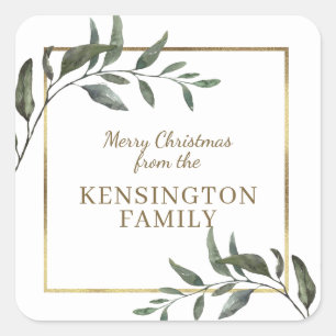 Elegant Christmas Branches Gold Foil Holiday Square Sticker
