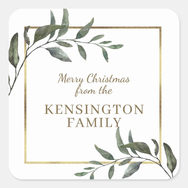 Elegant Christmas Branches Gold Foil Holiday Square Sticker (Front)
