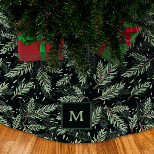 Elegant Christmas Branches on Black with Monogram Brushed Polyester Tree Skirt