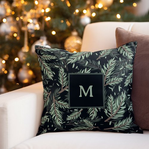 Elegant Christmas Branches on Black with Monogram Throw Pillow