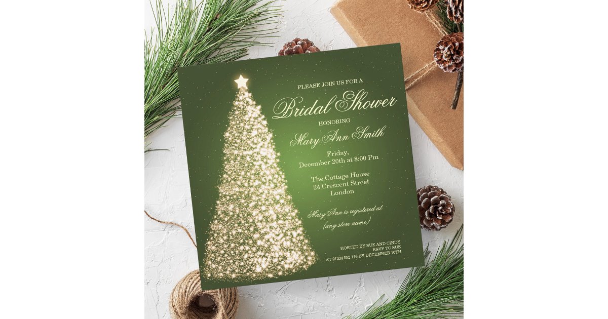 Elegant Christmas Bridal Shower Gold Green Invitation | Zazzle