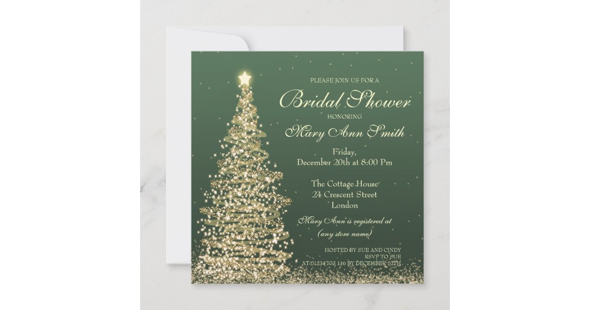 Elegant Christmas Bridal Shower Green Gold Invitation | Zazzle